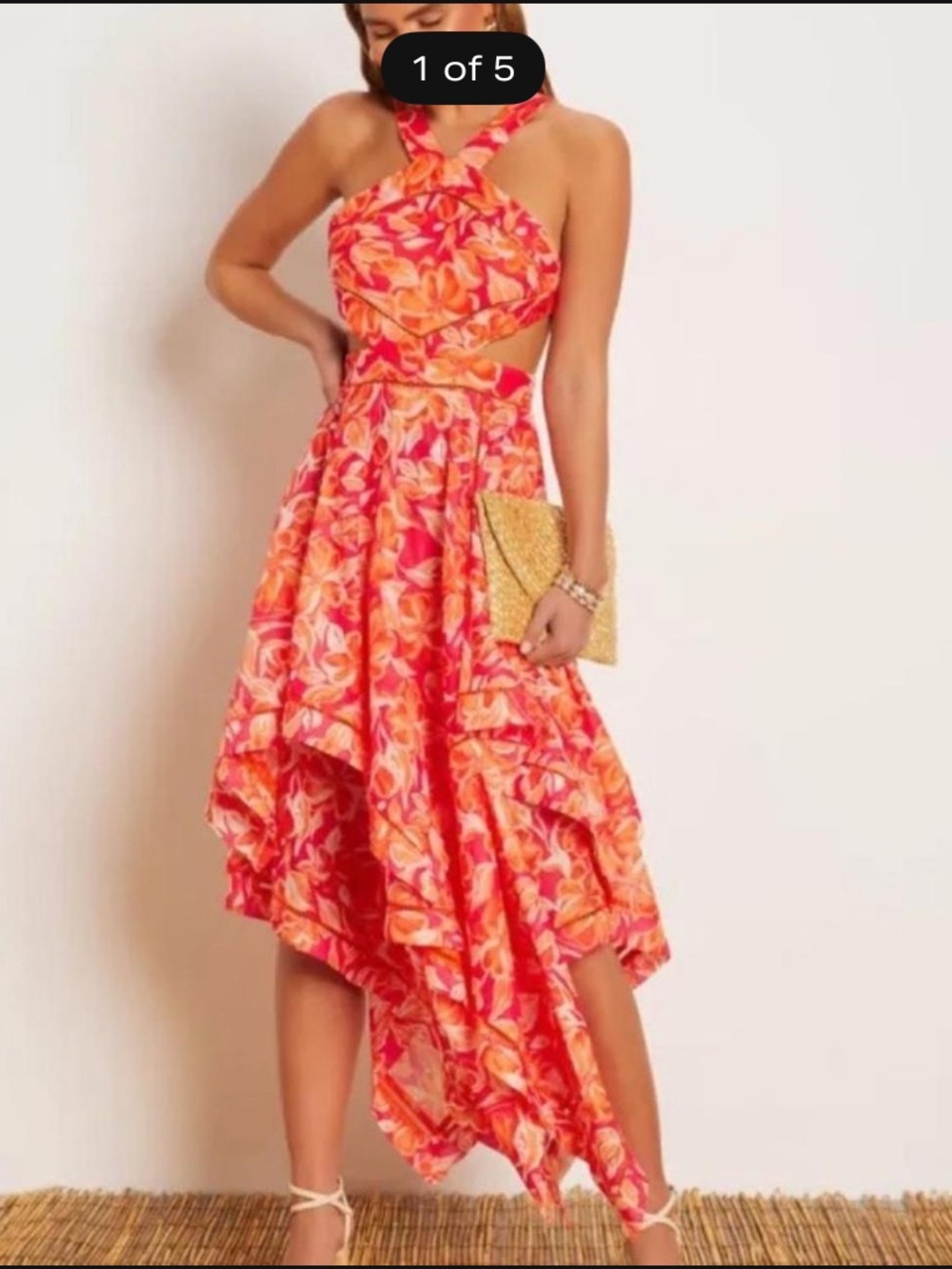 Vici Coral Pink & Orange Asymmetrical Halter Dress